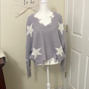 Just Polly Purple and White V-Neck Sweater with Star Design
